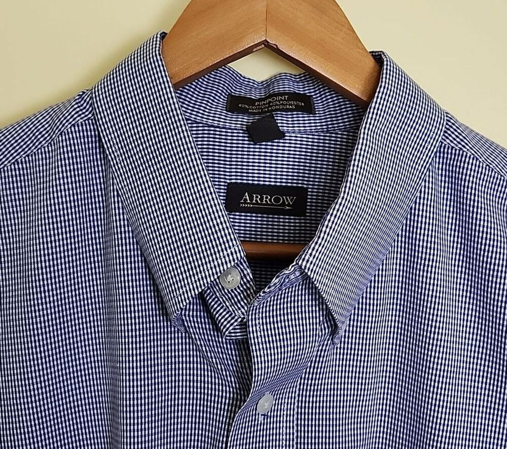 Arrow Pinpoint Blue & White Check Long Sleeve Button-Down Men's Shirt, Size 17.5